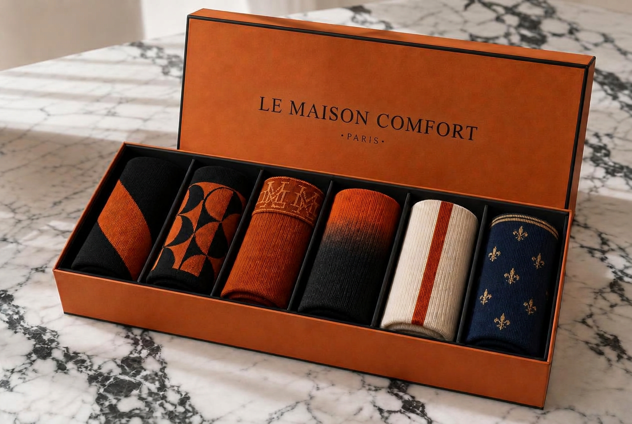 Le Maison Comfort orange coffret with six pairs of socks